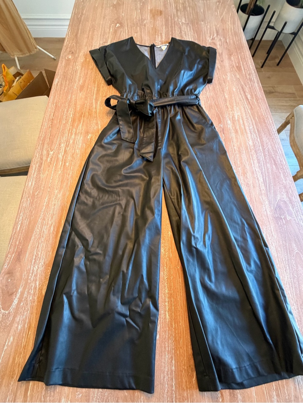 H&M Black Faux Leather Wide-Leg Jumpsuit with Tie Belt